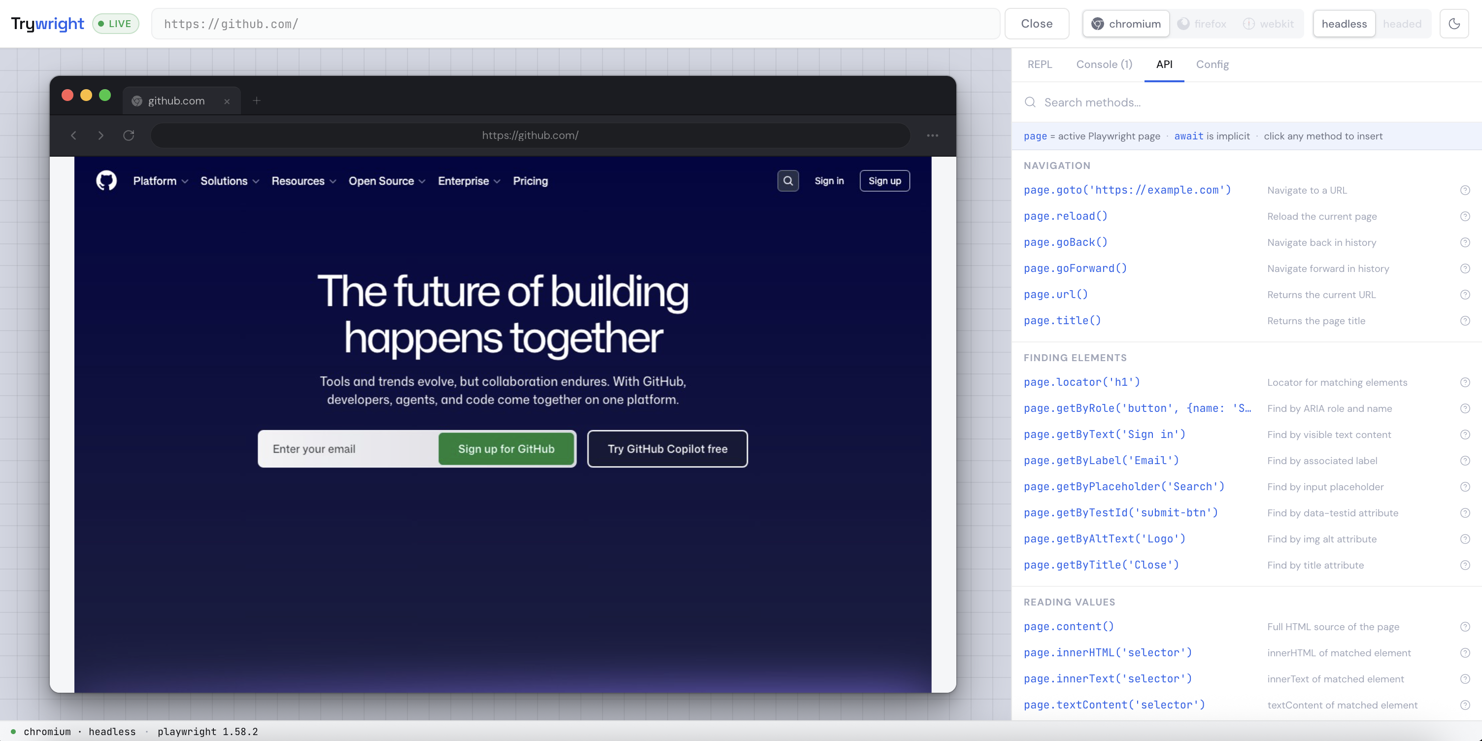 Trywright API reference tab — searchable list of page methods with expandable examples. 1280×800.