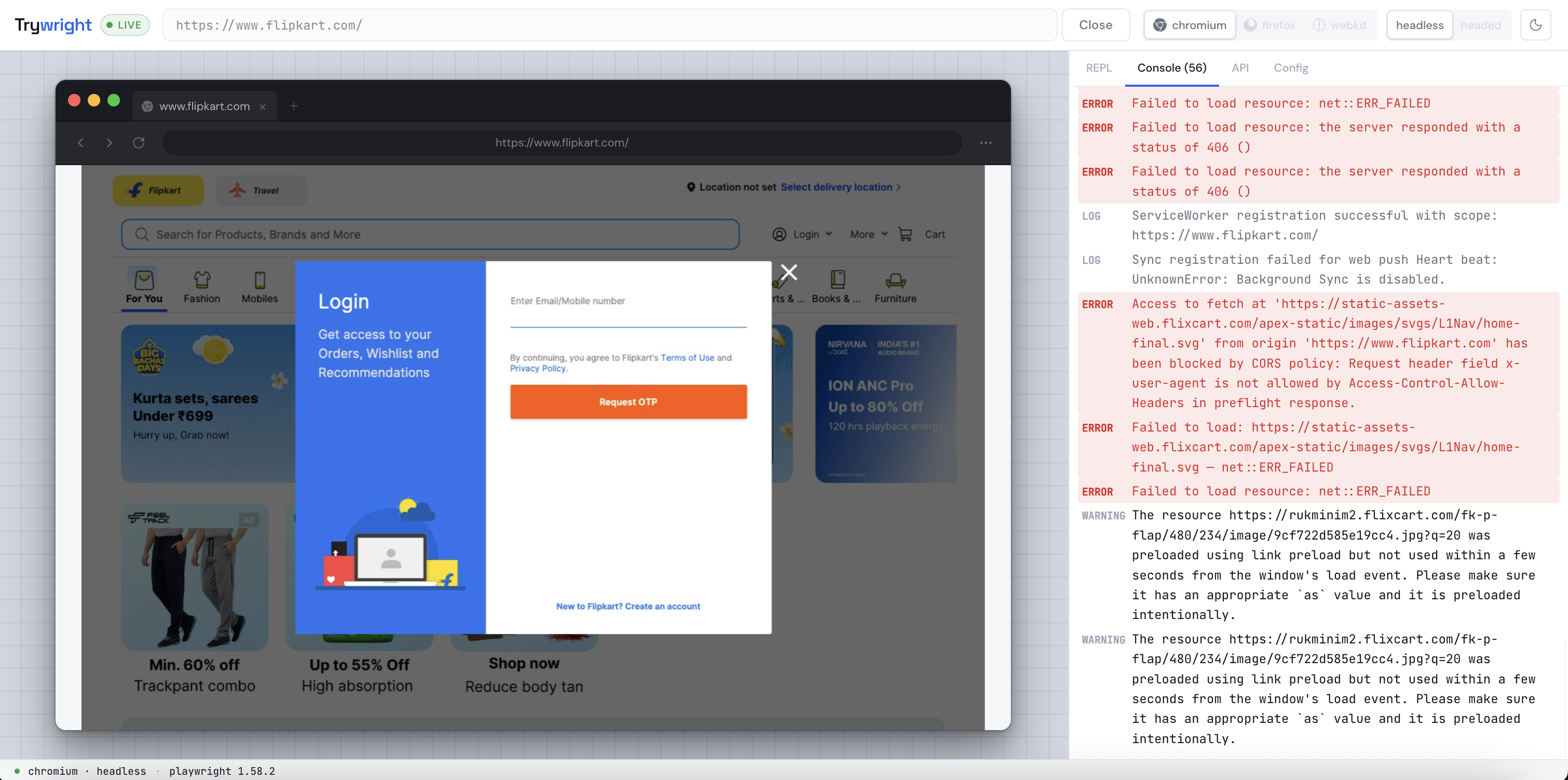 Trywright Console tab — live capture of page console output and network errors. 1280×800.
