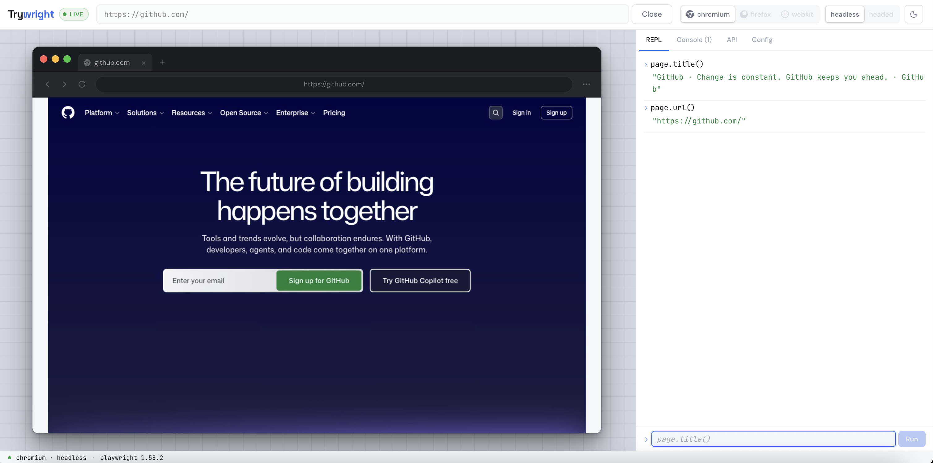 Trywright UI — live REPL session showing page.title() returning the page title, with a screenshot of the active page in the preview pane. 1280×800.