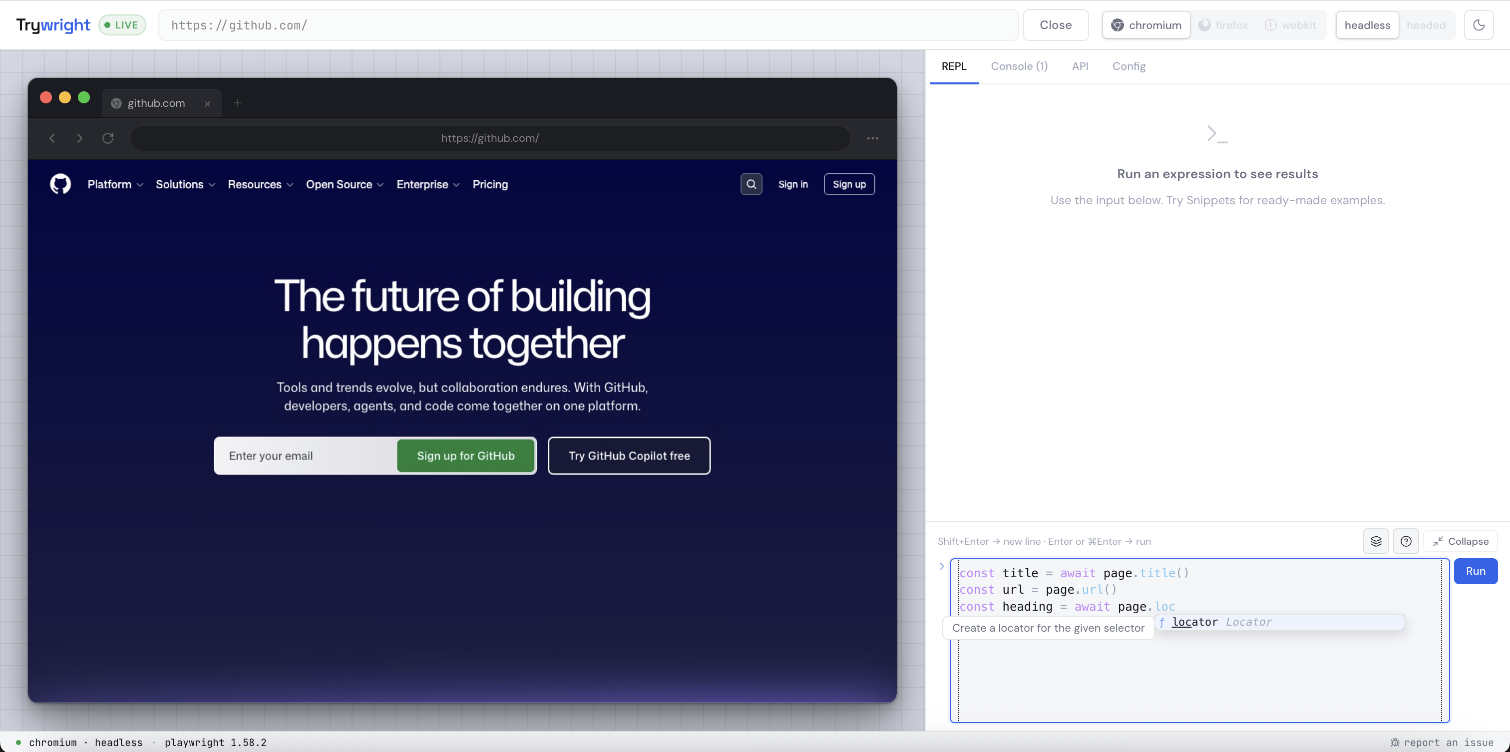 Trywright multi-line REPL — CodeMirror editor with syntax highlighting and page. autocomplete dropdown. 1280×800.