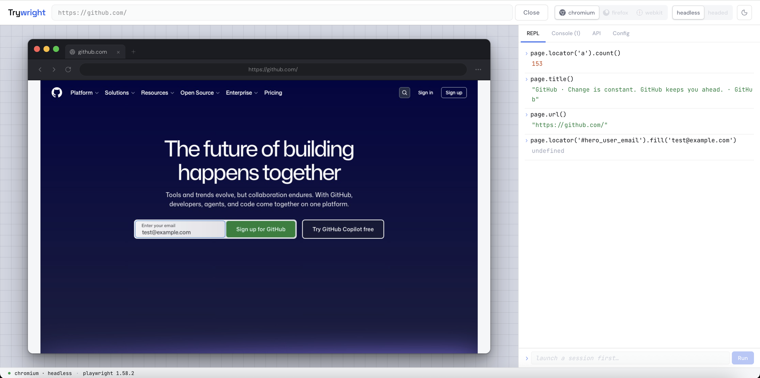 Trywright REPL tab — command history showing Playwright expressions and their results. 1280×800.